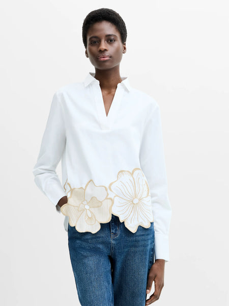 French Connection Cotton Floral Embroidered Hem Popover Shirt in White