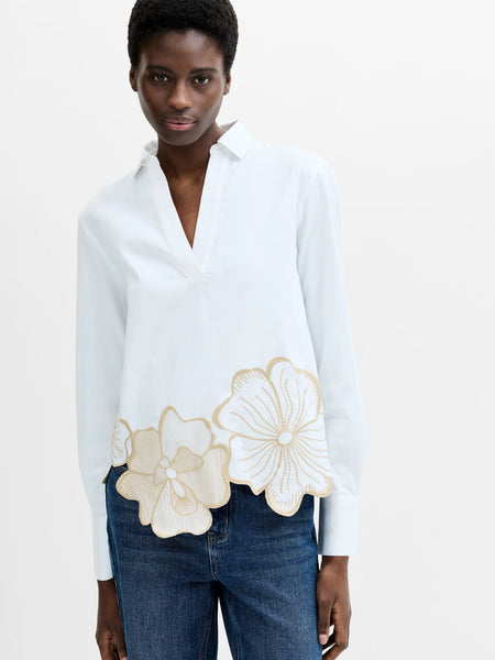 French Connection Cotton Floral Embroidered Hem Popover Shirt in White