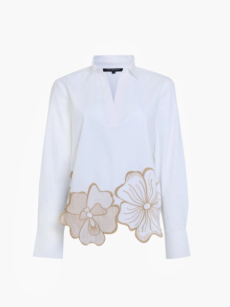 French Connection Cotton Floral Embroidered Hem Popover Shirt in White