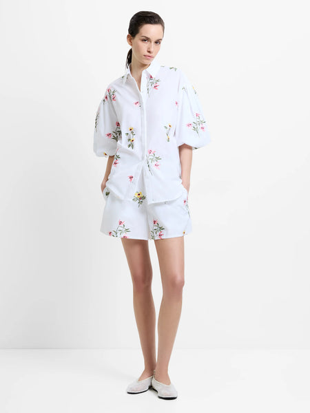French Connection Cambria Cotton Floral Embroidered Puff Sleeve Shirt in White