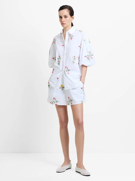 French Connection Cambria Cotton Floral Embroidered Puff Sleeve Shirt in White