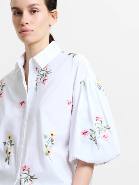 French Connection Cambria Cotton Floral Embroidered Puff Sleeve Shirt in White