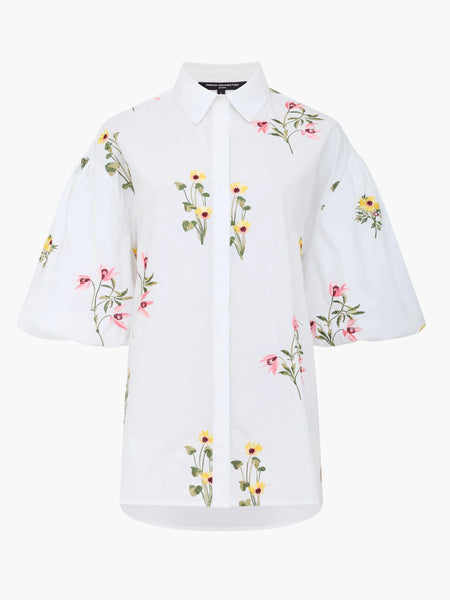 French Connection Cambria Cotton Floral Embroidered Puff Sleeve Shirt in White