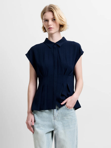 French Connection Codie Pleated Button Down Peplum Top in Navy