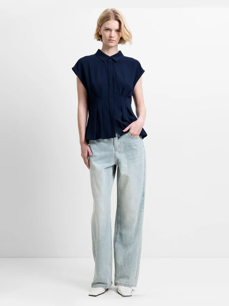French Connection Codie Pleated Button Down Peplum Top in Navy