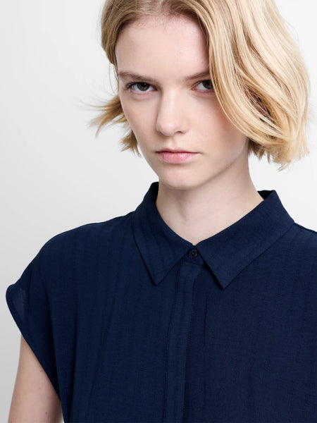 French Connection Codie Pleated Button Down Peplum Top in Navy