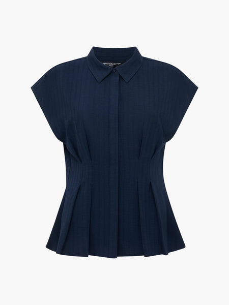French Connection Codie Pleated Button Down Peplum Top in Navy