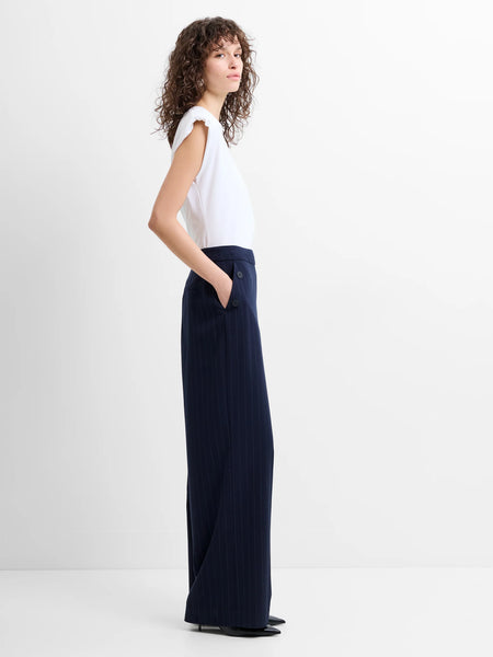 French Connection Alia Pinstripe Button Detail Wide Leg Trousers in Navy