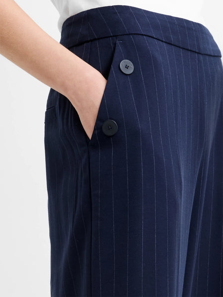 French Connection Alia Pinstripe Button Detail Wide Leg Trousers in Navy