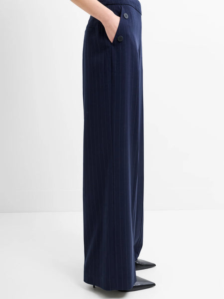 French Connection Alia Pinstripe Button Detail Wide Leg Trousers in Navy