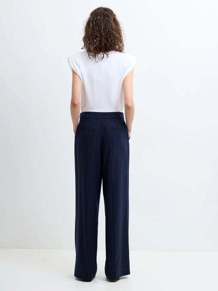 French Connection Alia Pinstripe Button Detail Wide Leg Trousers in Navy