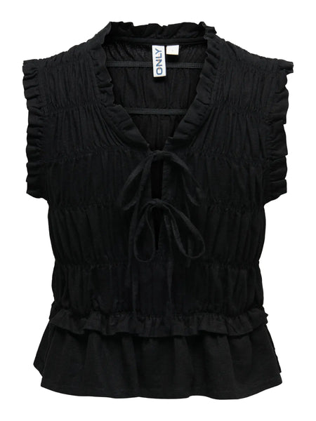 ONLY Sleeveless Linen Blend Frill Top in Black