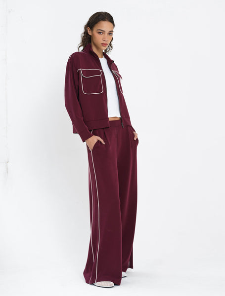 French Connection Wren Jersey Zip-Up Piping Detail Sweatshirt in Burgundy