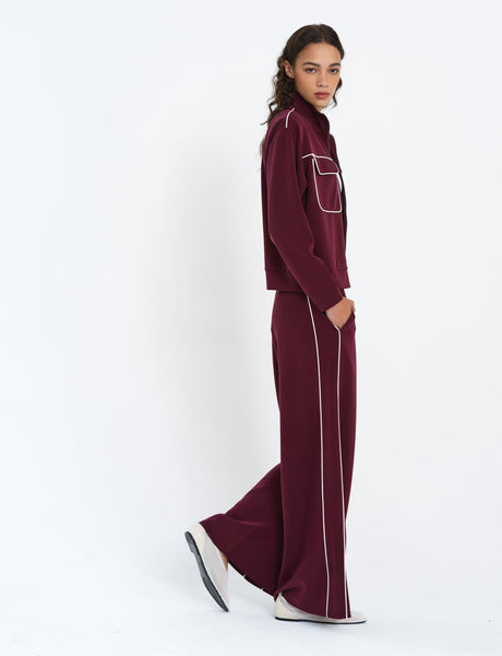 French Connection Wren Jersey Zip-Up Piping Detail Sweatshirt in Burgundy
