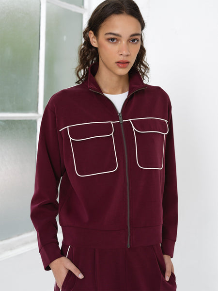 French Connection Wren Jersey Zip-Up Piping Detail Sweatshirt in Burgundy