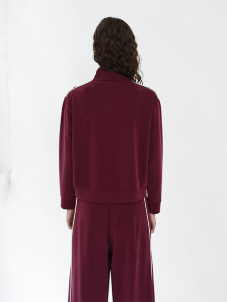 French Connection Wren Jersey Zip-Up Piping Detail Sweatshirt in Burgundy