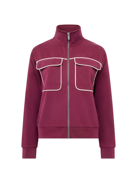 French Connection Wren Jersey Zip-Up Piping Detail Sweatshirt in Burgundy