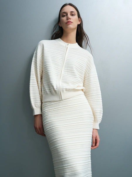 French Connection Mayim Ribbed Knit Zip Cream Cardigan in Cream