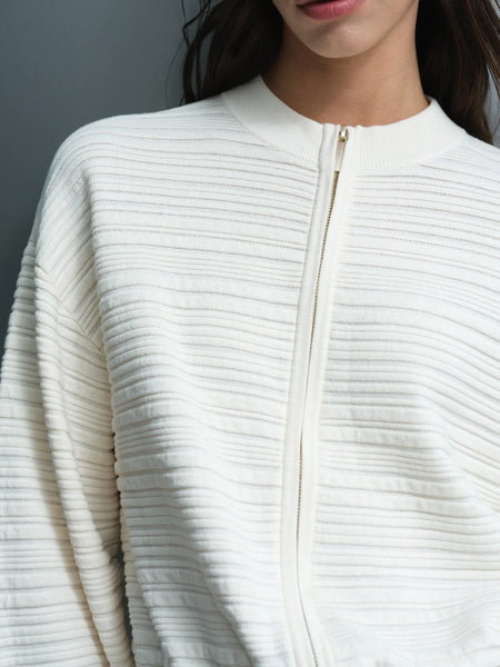 French Connection Mayim Ribbed Knit Zip Cream Cardigan in Cream