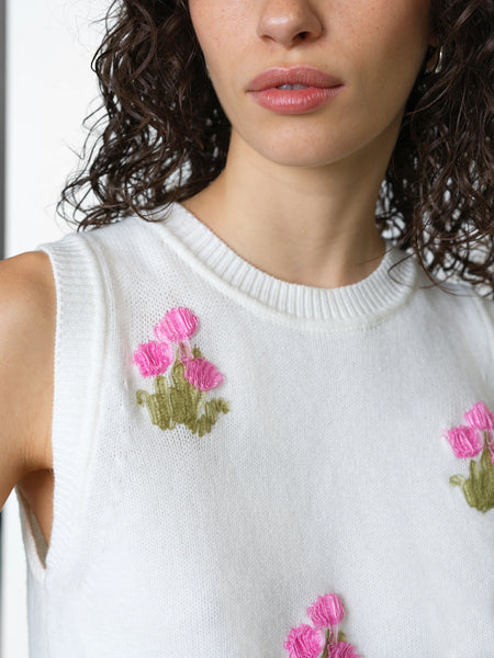 French Connection Junie Floral Applique Knit Vest in Cream