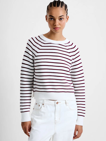French Connection Lily Mozart Stripe Crew Neck Jumper in Burgundy