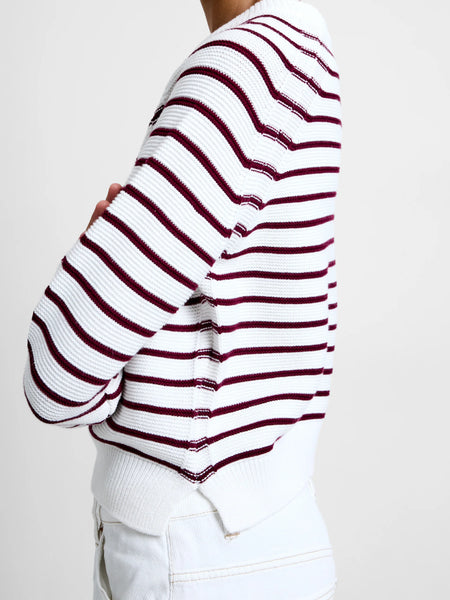 French Connection Lily Mozart Stripe Crew Neck Jumper in Burgundy