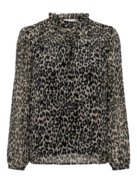ONLY Leopard Print Tie Neck Blouse in Black