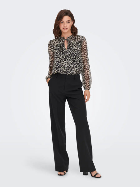 ONLY Leopard Print Tie Neck Blouse in Black