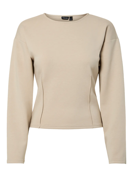 PIECES Fitted Long Sleeve Top in Beige