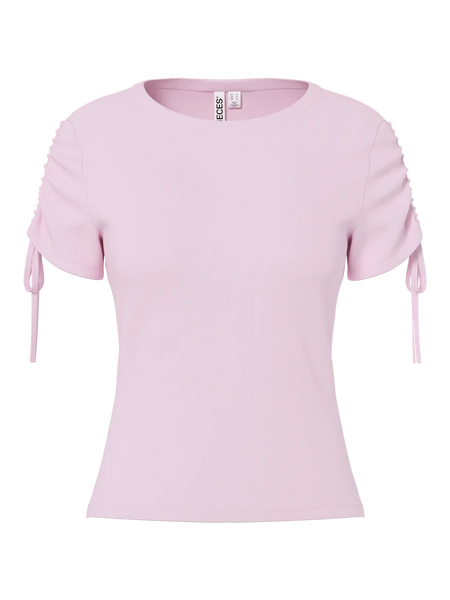 PIECES Ruched Sleeve T-Shirt in Pink