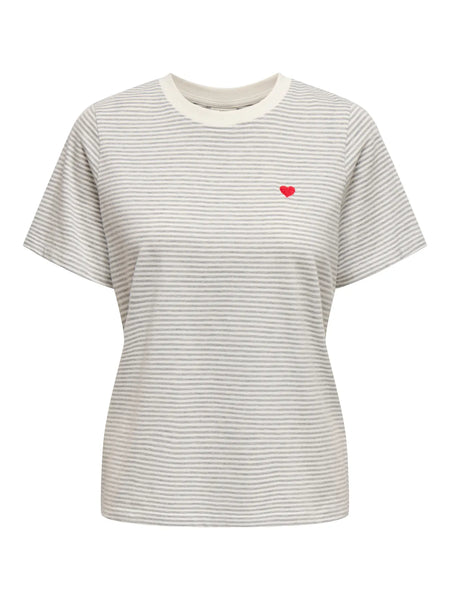 JDY Striped Embroidered Heart T-Shirt in Light Grey