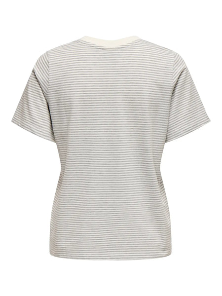 JDY Striped Embroidered Heart T-Shirt in Light Grey