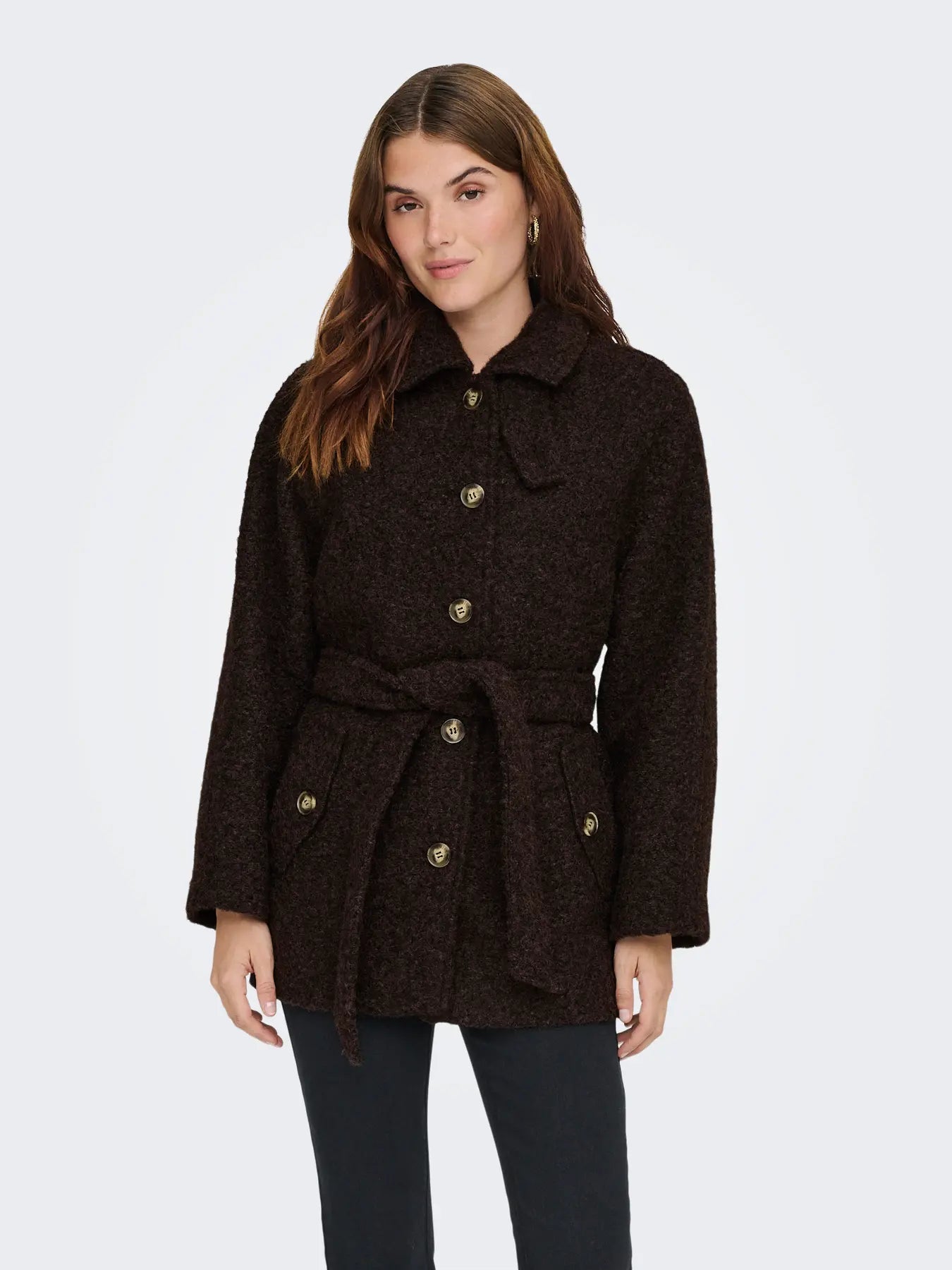 JDY Boucle Coat With Belt in Brown