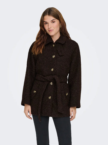 JDY Boucle Coat With Belt in Brown
