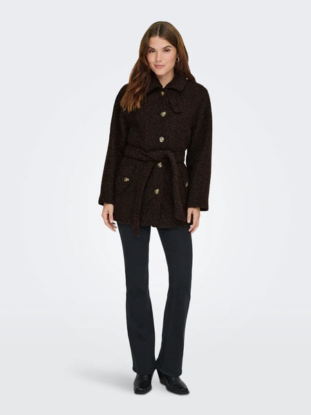 JDY Boucle Coat With Belt in Brown