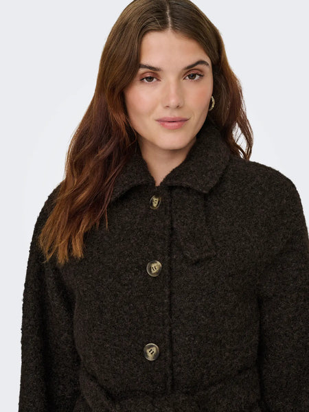 JDY Boucle Coat With Belt in Brown