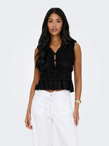 ONLY Sleeveless Linen Blend Frill Top in Black