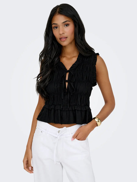 ONLY Sleeveless Linen Blend Frill Top in Black