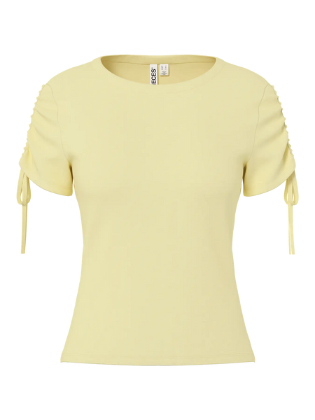 PIECES Ruched Sleeve T-Shirt in Yellow
