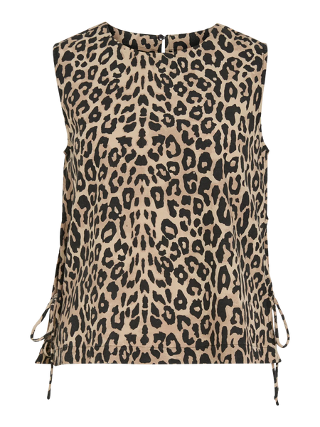 VILA Leopard Print Sleeveless Linen Blend Top in Tan
