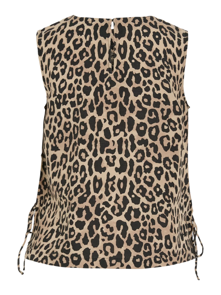 VILA Leopard Print Sleeveless Linen Blend Top in Tan