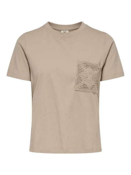 JDY Crochet Pocket Detail T-Shirt in Beige