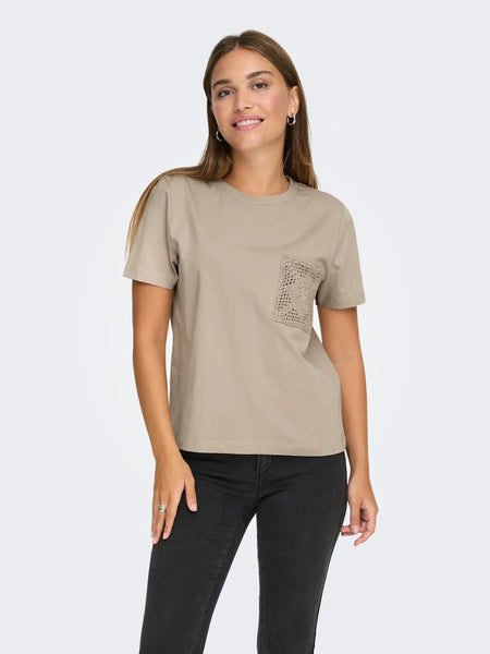 JDY Crochet Pocket Detail T-Shirt in Beige