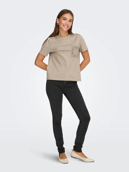 JDY Crochet Pocket Detail T-Shirt in Beige