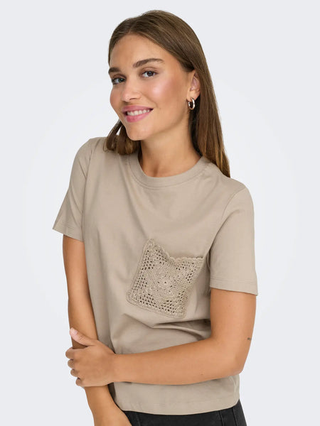 JDY Crochet Pocket Detail T-Shirt in Beige
