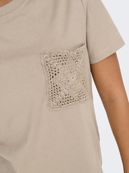 JDY Crochet Pocket Detail T-Shirt in Beige