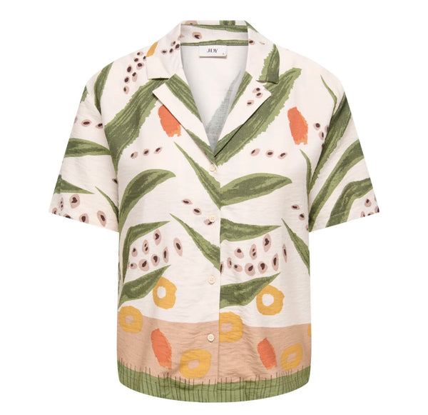 JDY Short Sleeve Leaf Print Shirt in Cream