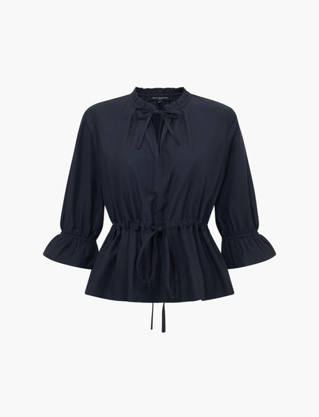French Connection Era Poplin Ruffle Collar Top in Navy