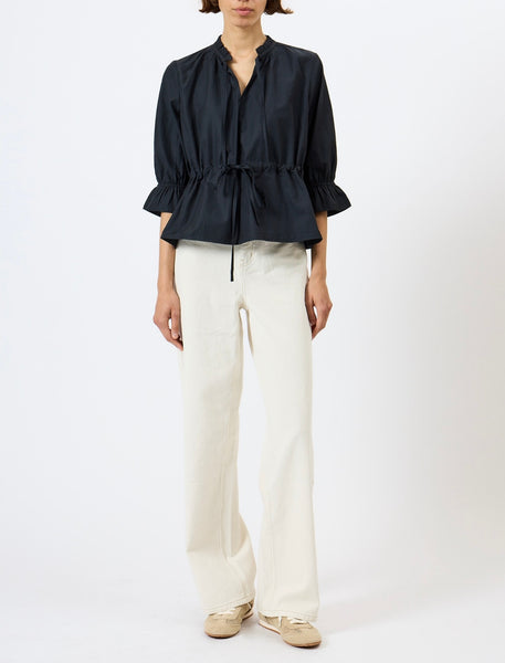 French Connection Era Poplin Ruffle Collar Top in Navy