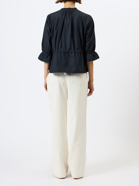 French Connection Era Poplin Ruffle Collar Top in Navy